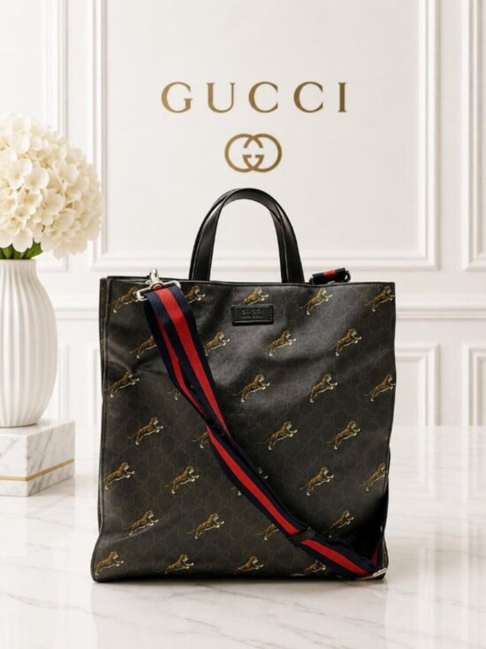 Authentic Gucci GG Supreme Bengal Tiger Tote Bag Black Web Strap Crossbody